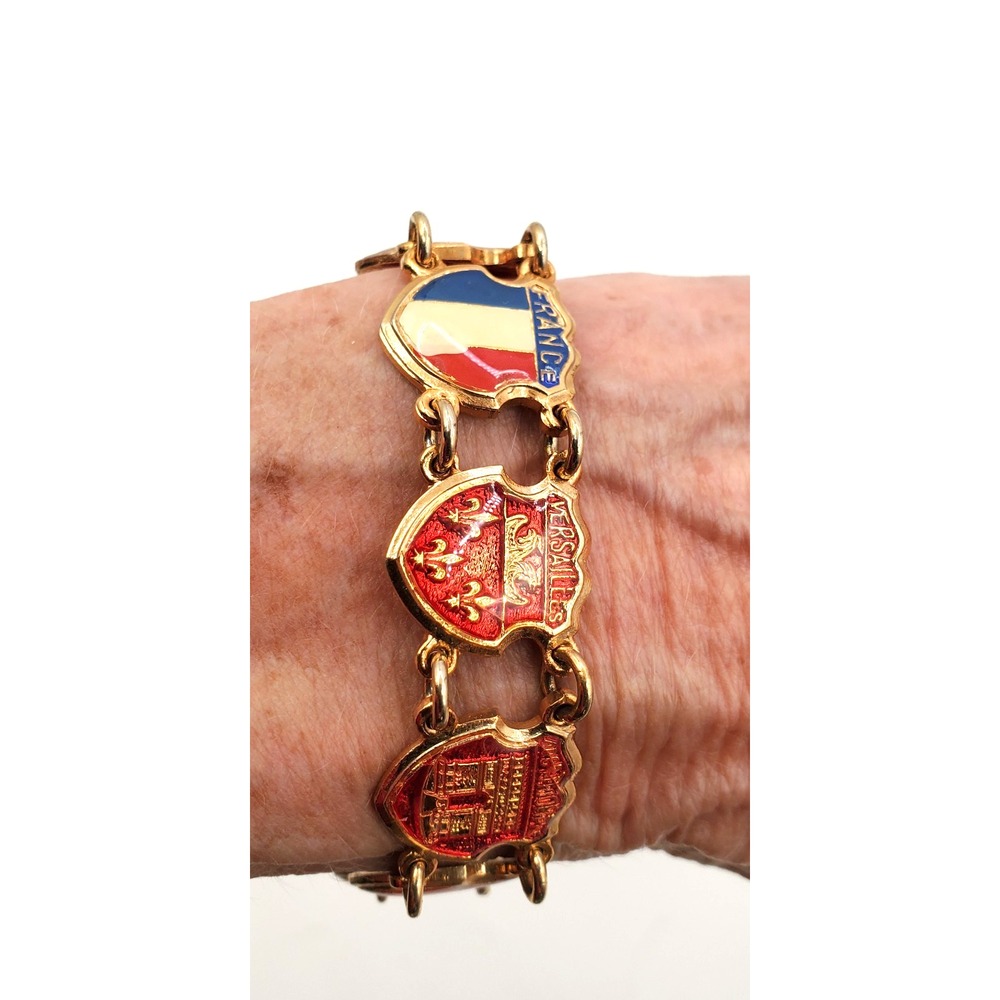 Vintage French Souvenir Bracelet Enamel Shields Paris France Gold Tone 7.5"